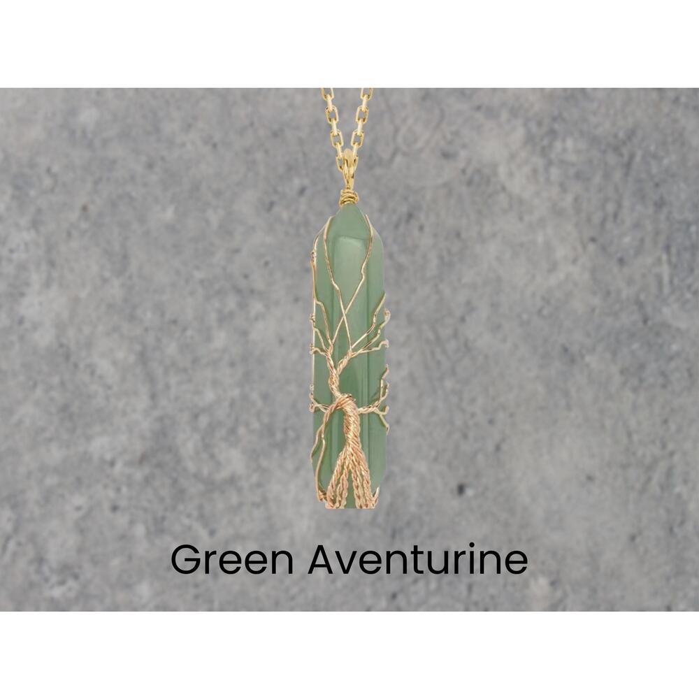 Green Aventurine Gold Tree of Life Crystal Wrapped Necklace Boho Fairycore